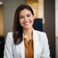 Professional woman in business casual attire smiling at customer